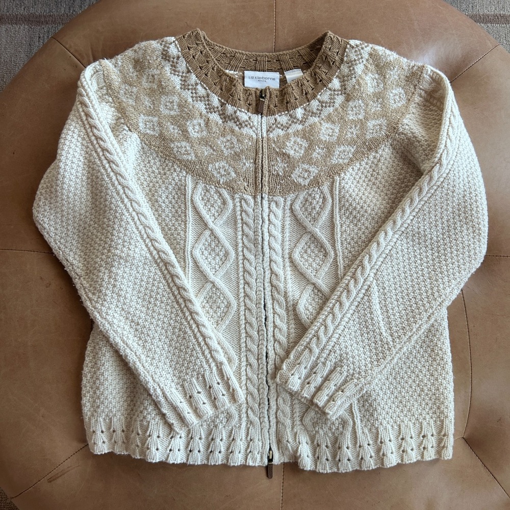 Vintage Cream Wool Cable Knit Cardigan Sweater Womens MP Fair Isle Nordic Zip Up